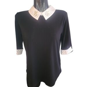 Faith and Joy Black Cropped Sleeve Top with White Collar and Cuffs S